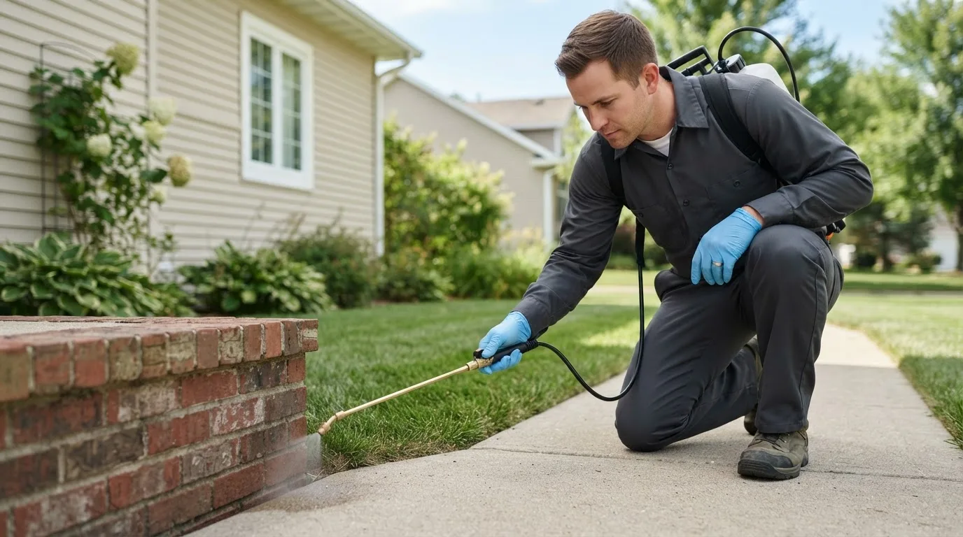 Pest control technician treating a home near West Liberty, OH
