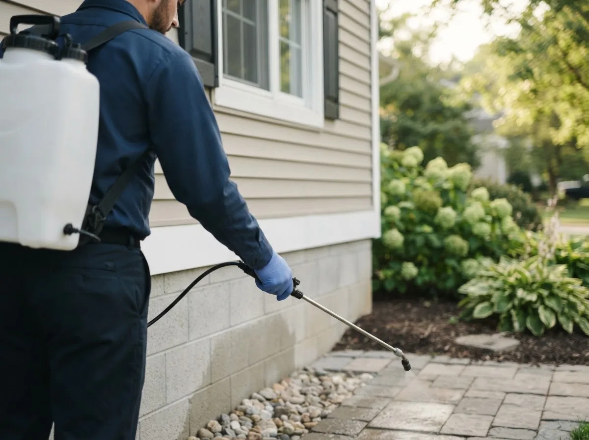 Pest control technician inspecting a home in West Liberty, OH